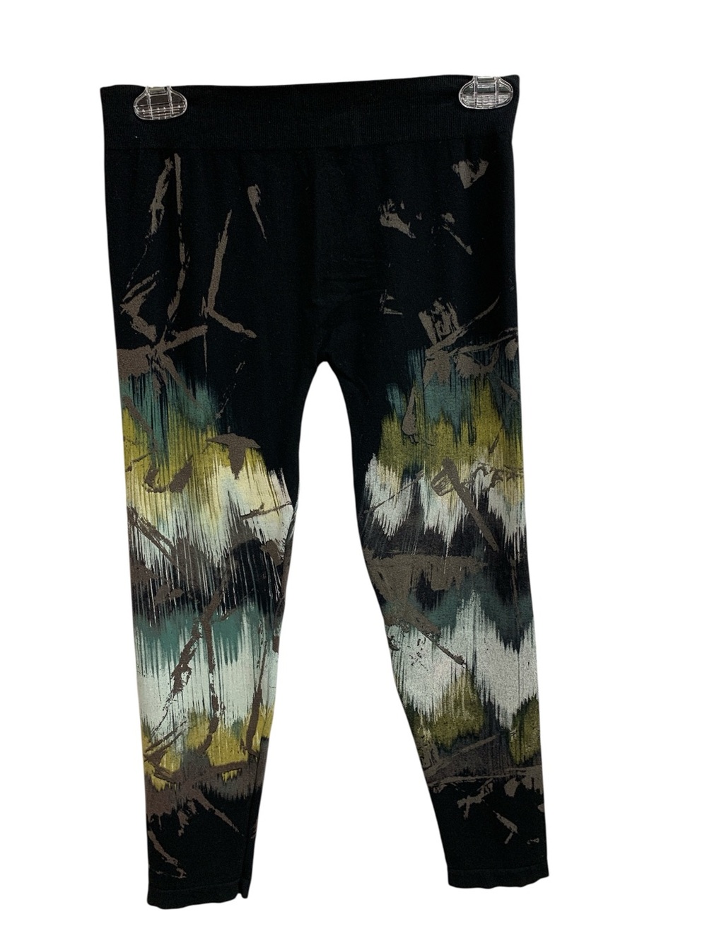 M. Rena Black Leggings with Olive, Teal & Cream Abstract Print Size O/S